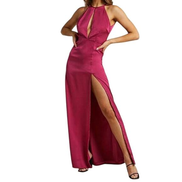 NWT Showpo US Sz 2 Lonni High Neck Cut Out Leg Split Maxi Berry Satin Dress - Picture 1 of 11